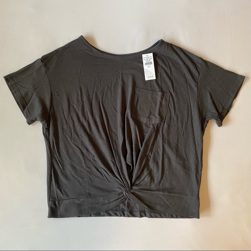 American Eagle Dark Gray Knotted Front Pocket Cropped Tee